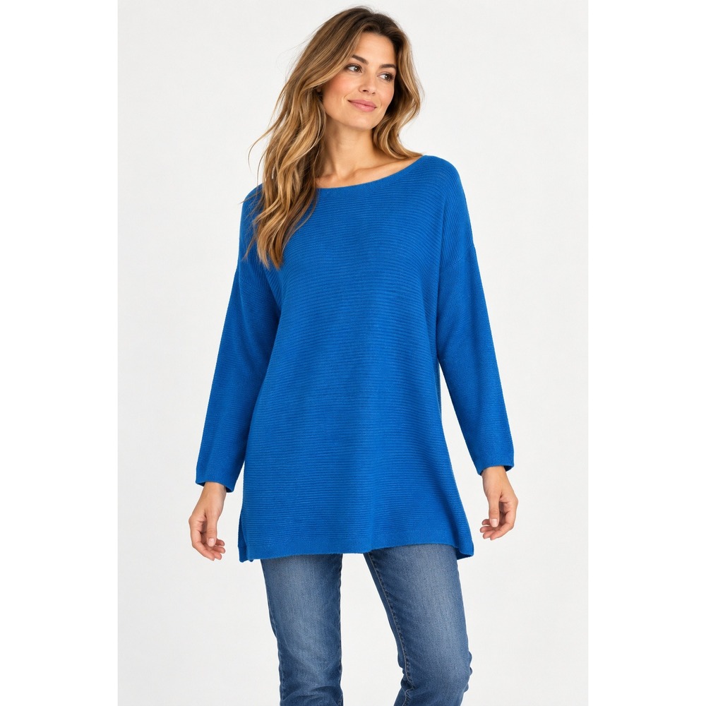 J Jill Wearever Tunic Top Womens M Blue Rib Knit Boat Neck Relaxed Stretch